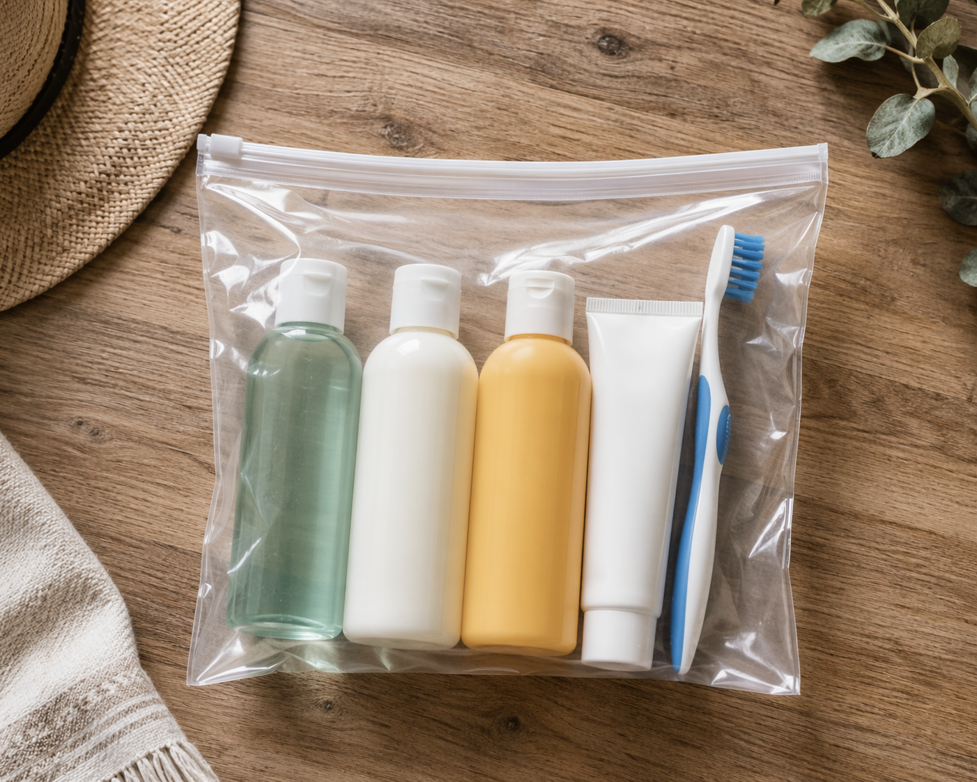 A clear quart-size zip-top bag with travel-size shampoo, lotion, sunscreen, toothpaste, and a toothbrush