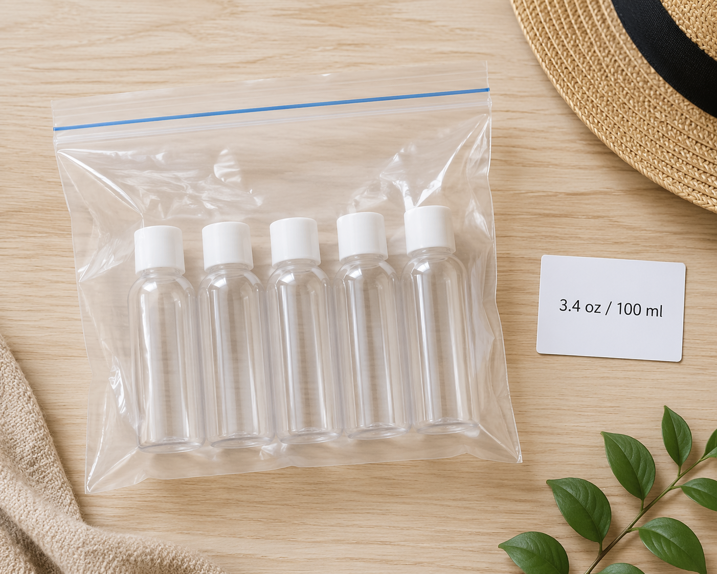 Clear quart-sized zip-top bag with 3.4 oz travel bottles