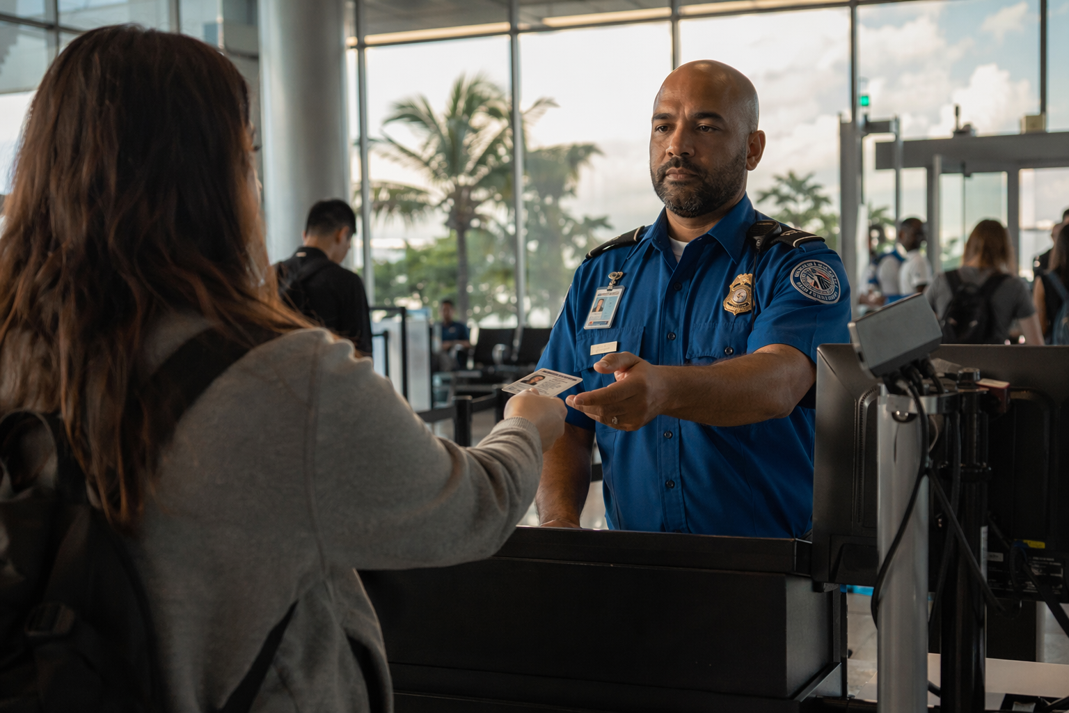 Traveler showing a government ID to a TSA officer at an airport checkpoint before a Puerto Rico flight