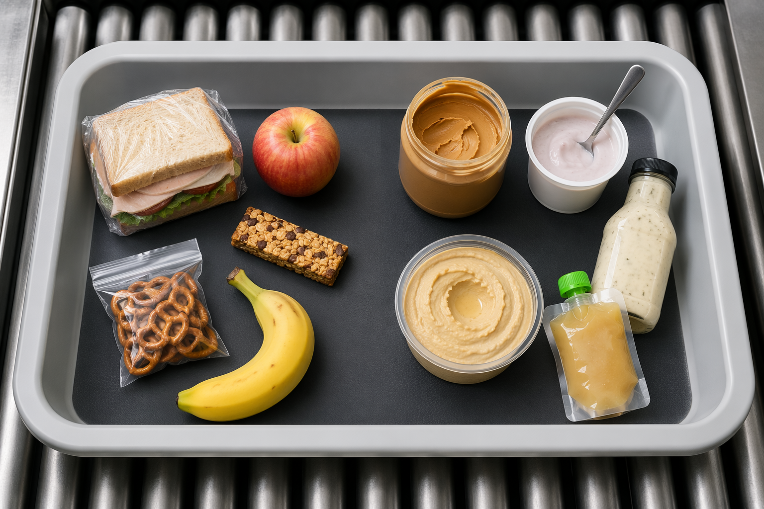Airport security tray showing solid foods grouped separately from liquid and spreadable foods