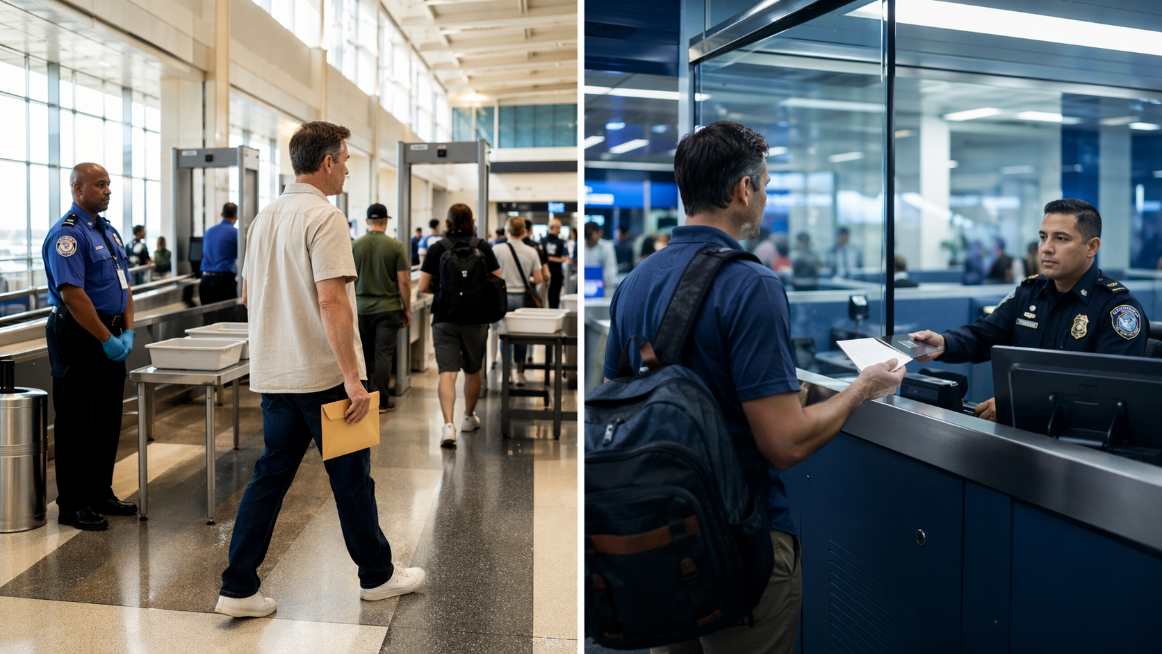 Domestic airport security checkpoint beside an international customs inspection counter