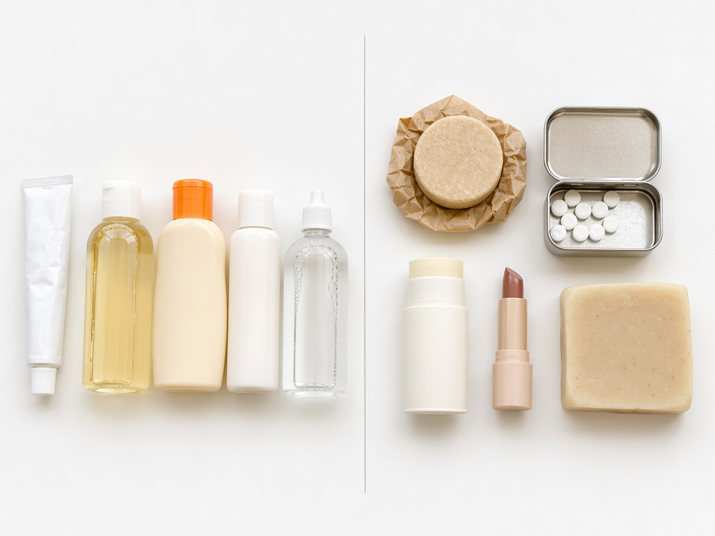 A split flat lay comparing liquid toiletries with solid alternatives such as shampoo bars, toothpaste tablets, solid deodorant, lipstick, and soap