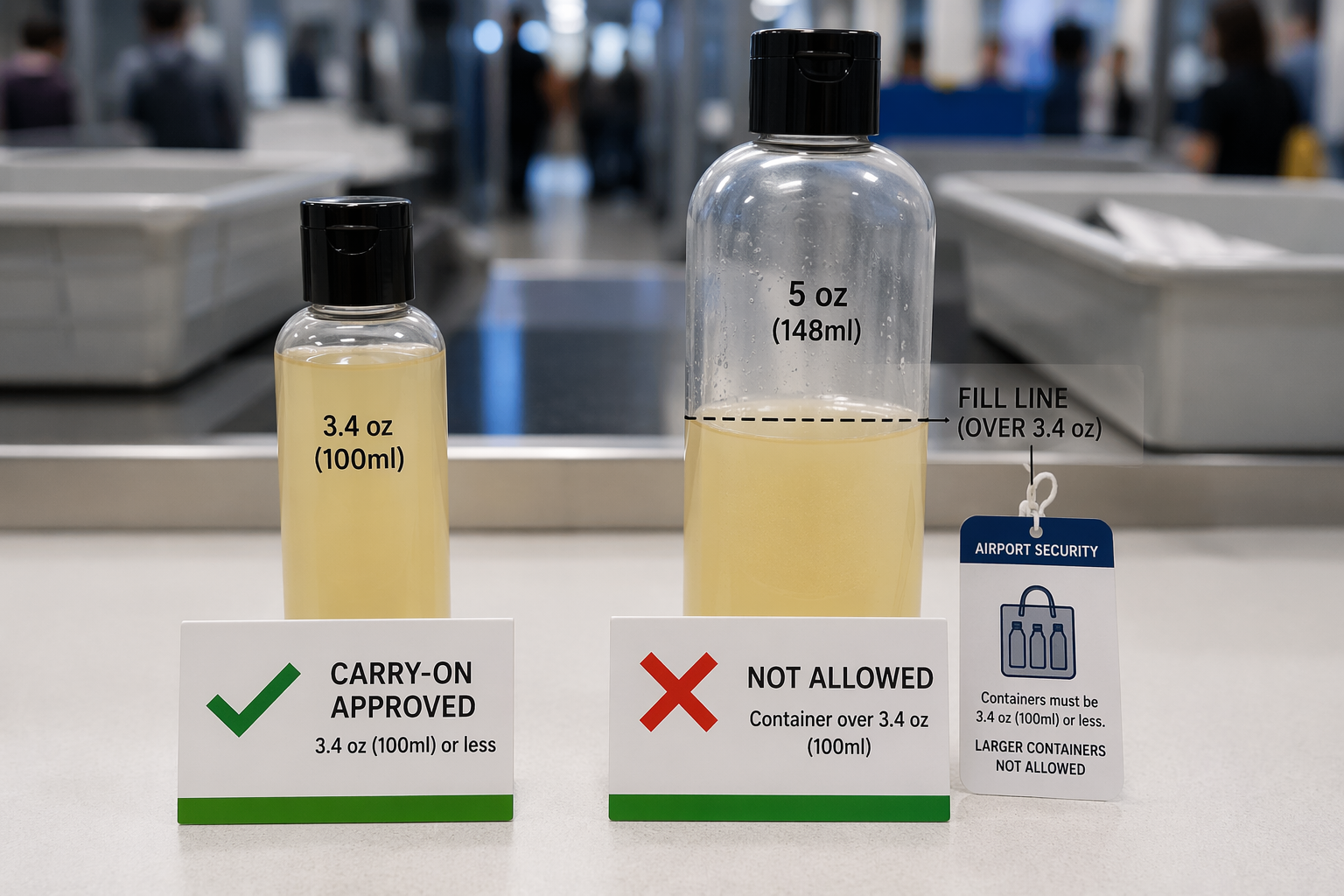 Side-by-side comparison of a compliant 3.4-ounce travel bottle and a half-empty 5-ounce bottle marked with a red X
