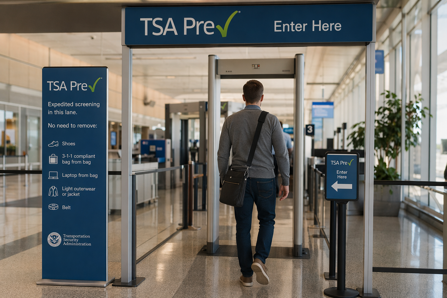 Traveler using a TSA PreCheck security lane while keeping shoes on and a laptop bag zipped