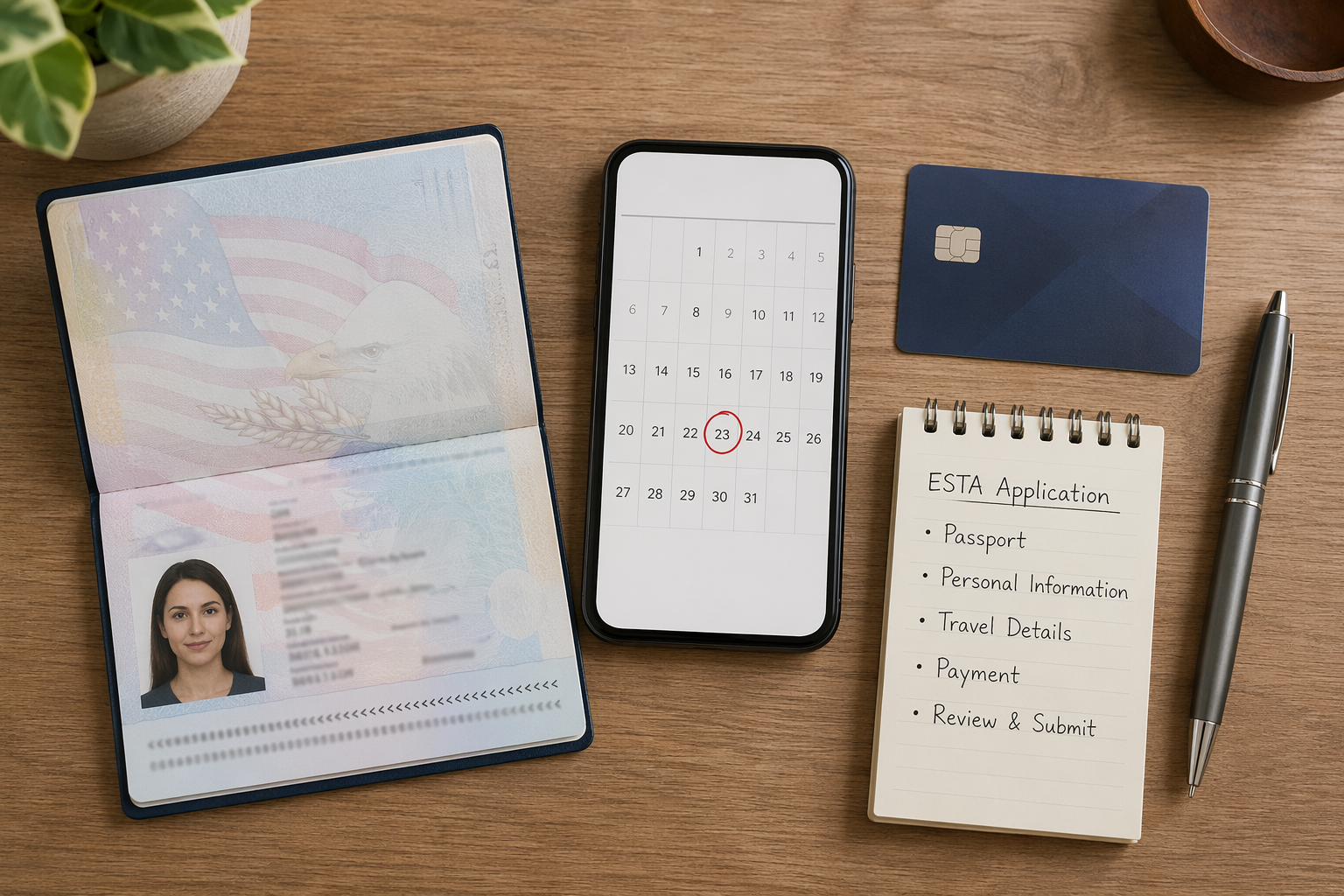 Travel preparation items with passport, phone calendar, credit card, pen, and reminder notes