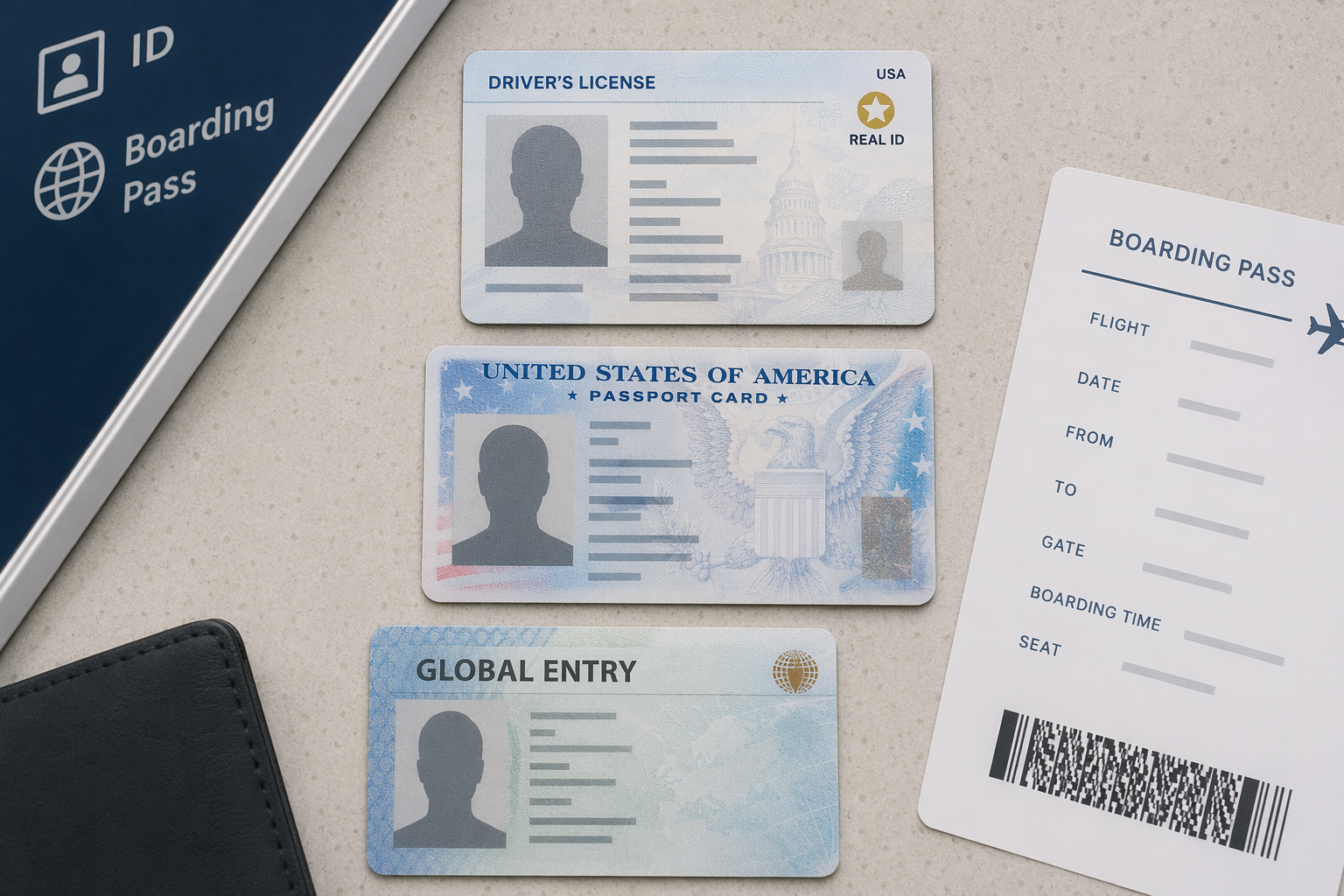 REAL ID-marked driver’s license, U.S. passport card, and Global Entry card beside a boarding pass