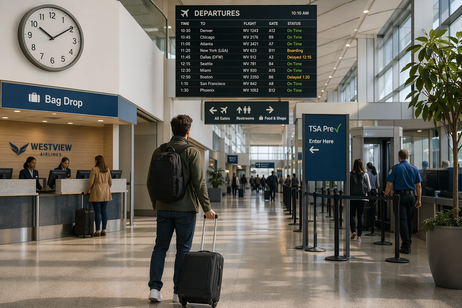 Modern airport concourse showing a traveler, wall clock, bag-drop counter, PreCheck security lane, and departures board