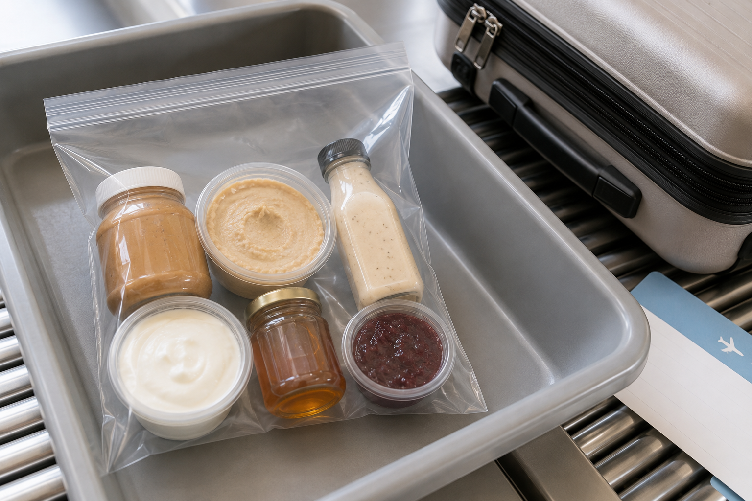 Quart-sized plastic bag with travel-sized peanut butter, hummus, yogurt, dressing, honey, and jam containers