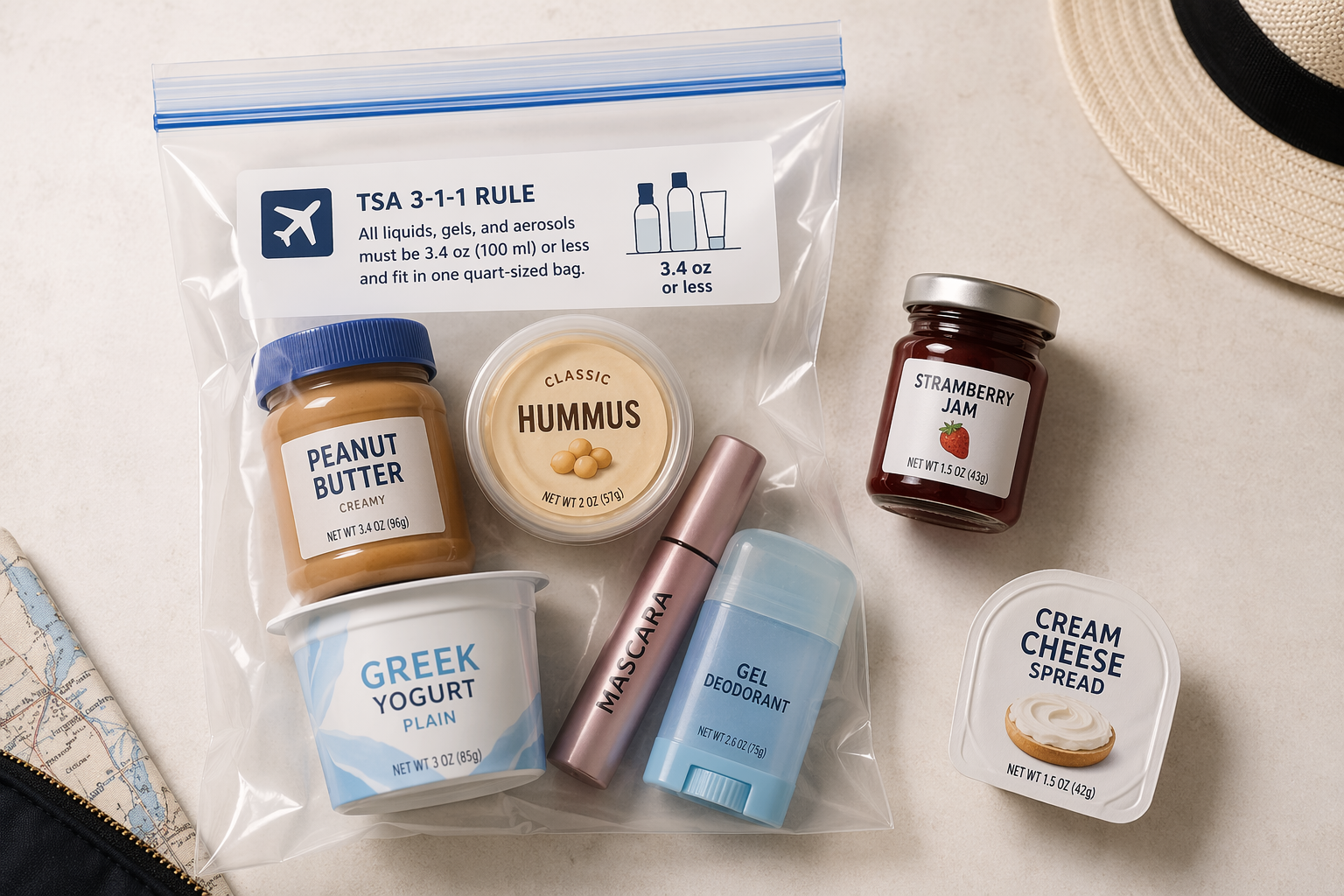 Quart-sized liquids bag with peanut butter, hummus, yogurt, mascara, gel deodorant, jam, and cream cheese