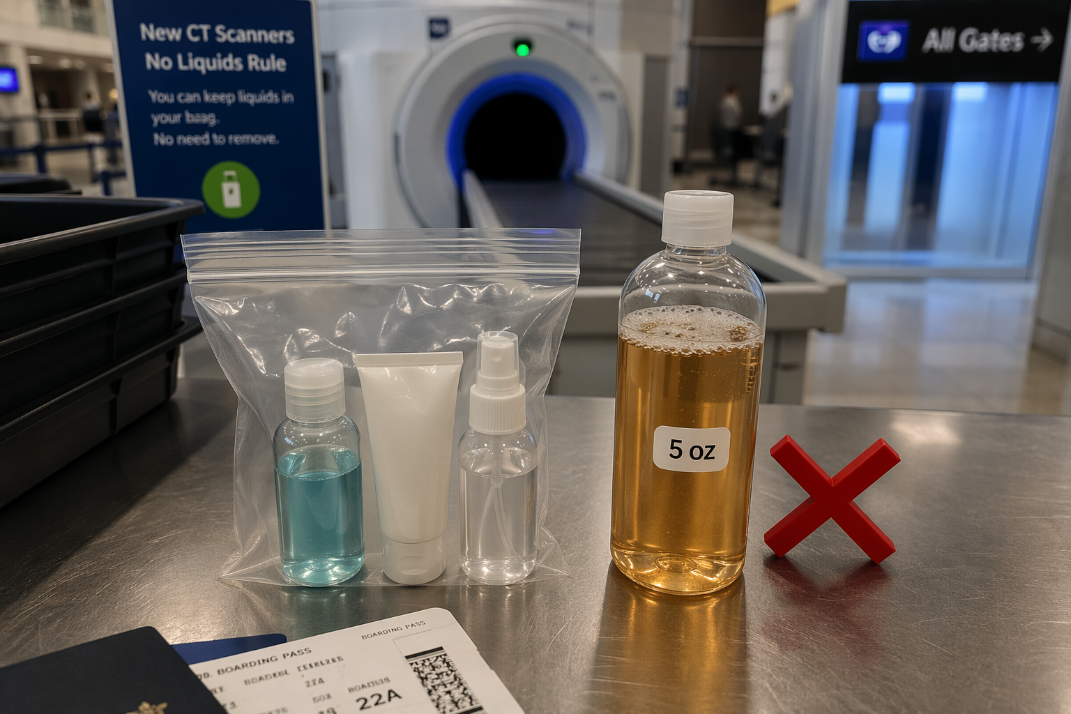 Airport security checkpoint scene with a quart-size liquids bag, small travel bottles, a larger bottle marked with a red X, and a CT scanner in the background