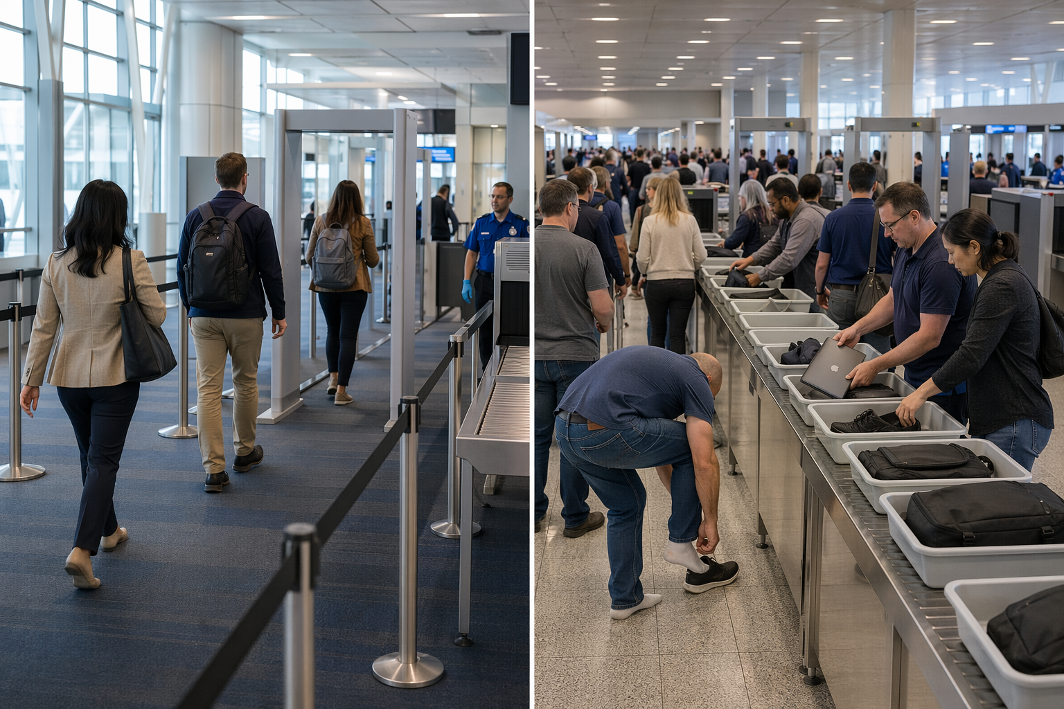Split view of a short TSA PreCheck lane and a longer standard security lane with travelers using bins
