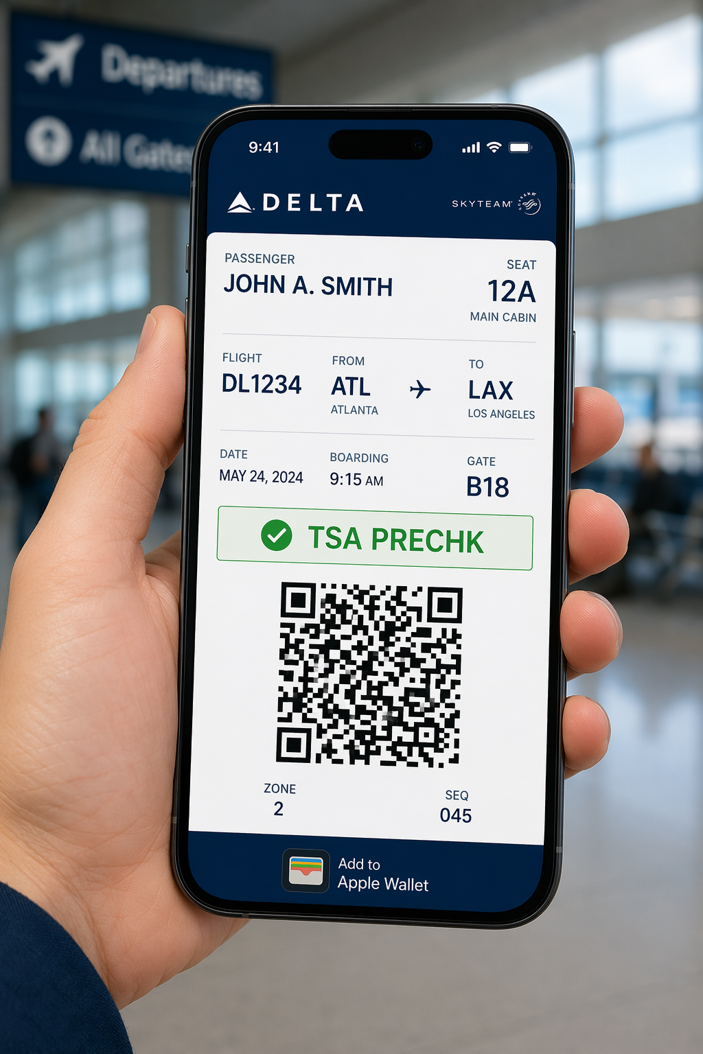 Digital boarding pass on a smartphone showing the TSA PRECHK indicator