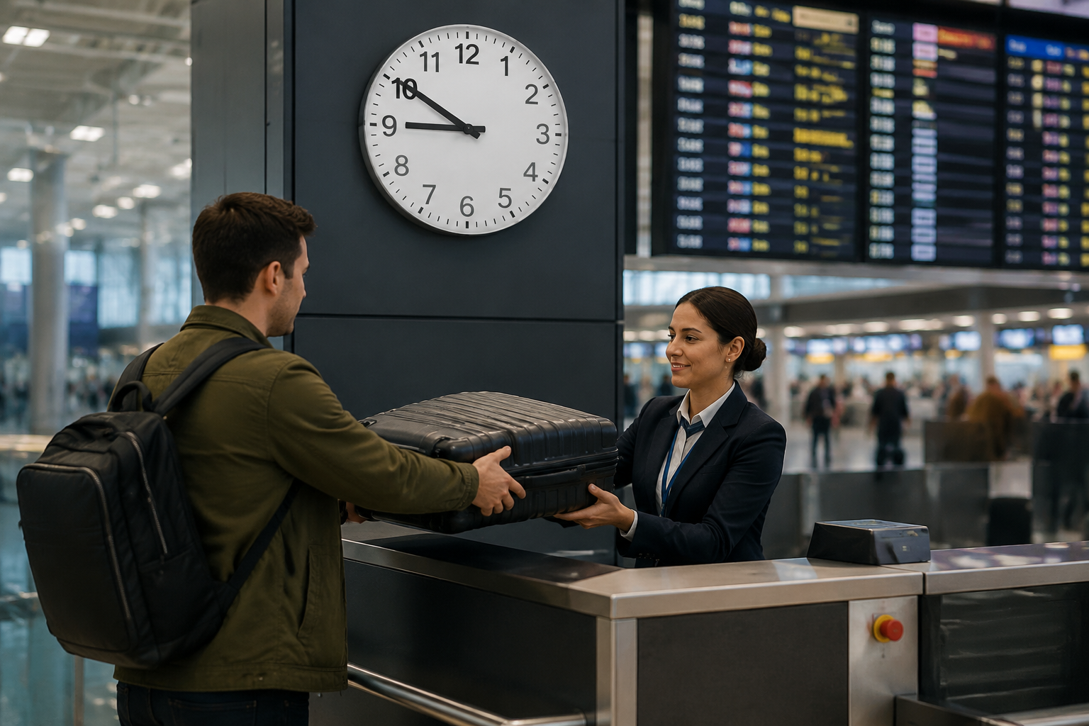 Traveler handing a suitcase to an airline agent at a check-in counter with a clock and departures board nearby